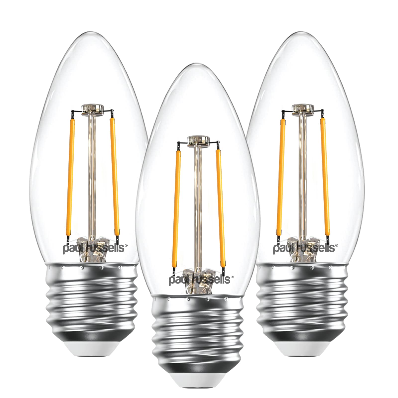 paul russells LED Candle Filament Light – 2.5W 25W Equivalent Replacement, 250LM Lumens, 2700K Warm White, ES E27 Edison Screw C35 Bulbs – Bright Energy Saving Non-Dimmable Lamps - 3 Pack