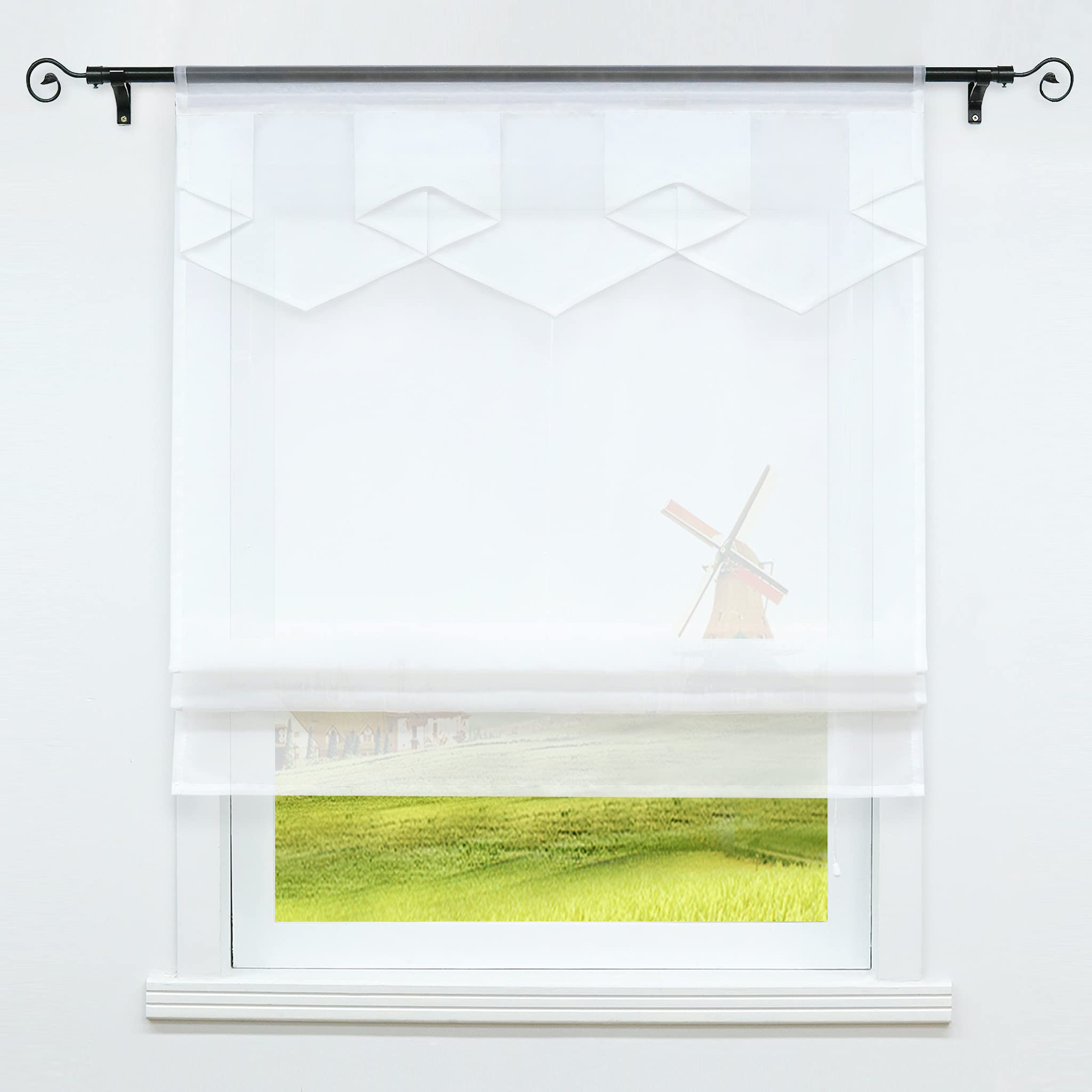 CORLIF Roman Blind with Drawstring, Double Layer Roman Curtain, Diamond-Shaped Panel, Pleated Blind, Voile Curtains, Modern Ribbon Blind, Transparent Curtains, White, W x H, 80 x 140 cm, Pack of 1