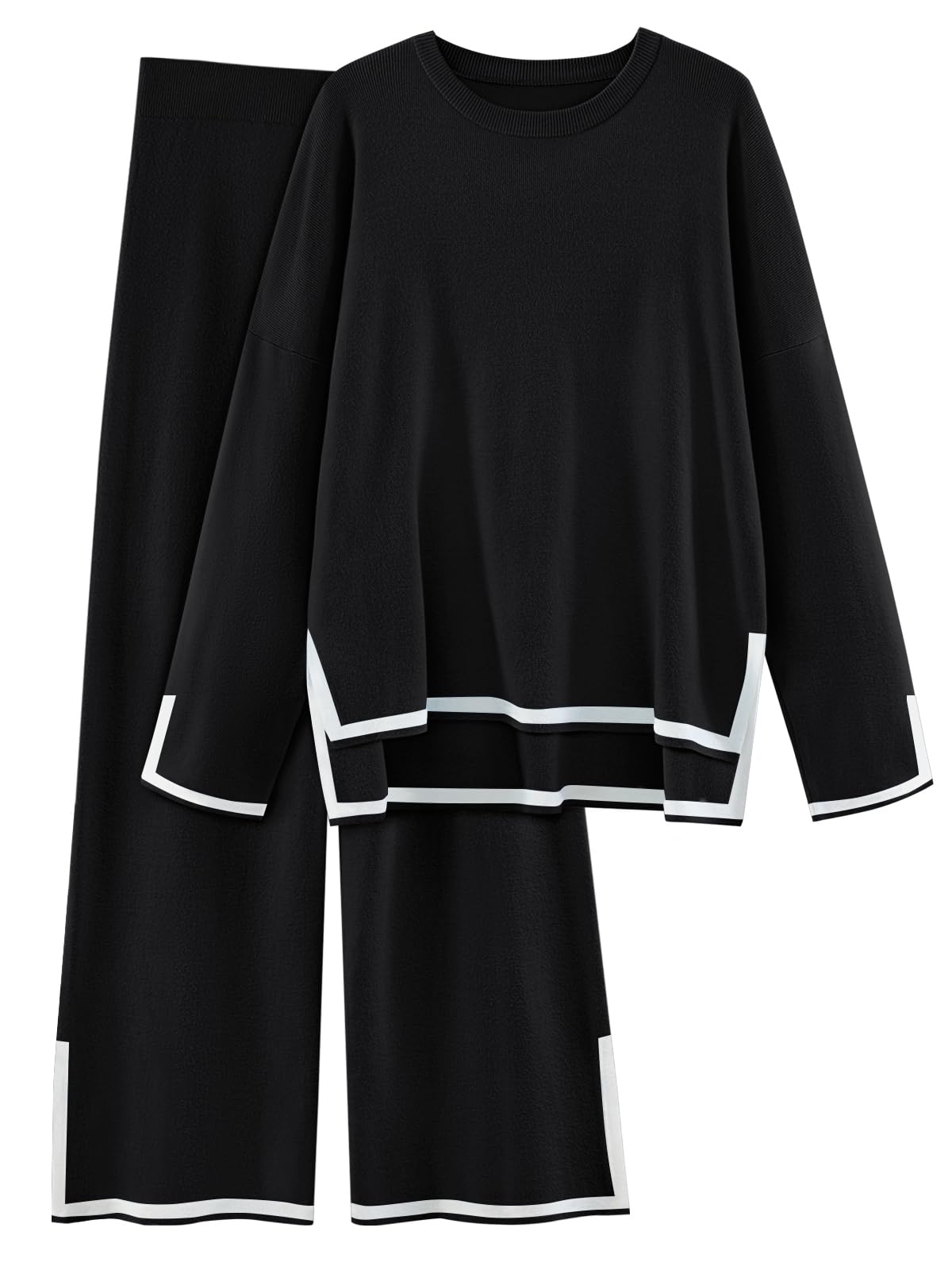 LILLUSORY Damen 2-teiliges Set - Gestreifter Strickpullover & Hose, Lounge Wear Für Herbst 2025