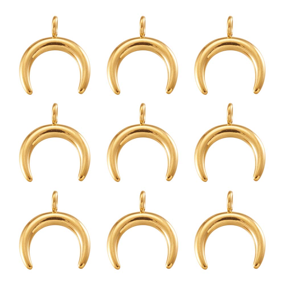 Beadthoven 10pcs Metal Crescent Moon Charms Golden 304 Stainless Steel Double Horn Dangle Charms 16.5x14.5mm Smooth Necklace Charms Pendants for DIY Jewelry Making