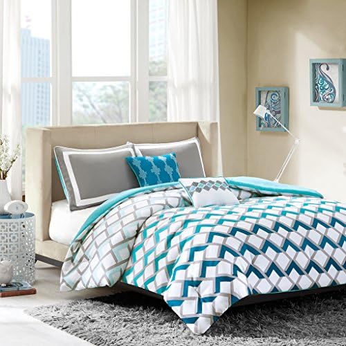 Comforter Set For Teen Girls Bundle Includes Turquoise Blue Grey White Comforter Shams Embroidered Decorative Pillows and Designer Home Sleep Mask (Full / Queen)