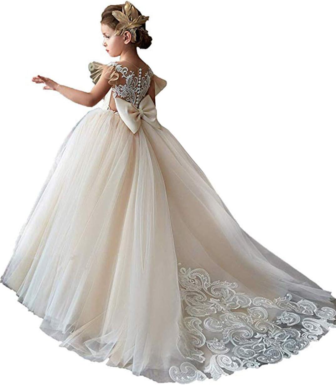 MuchXi Lovely Flower Girl Dress Lace Cap Sleeves Kids First Communion Pageant Ball Gowns with Bow