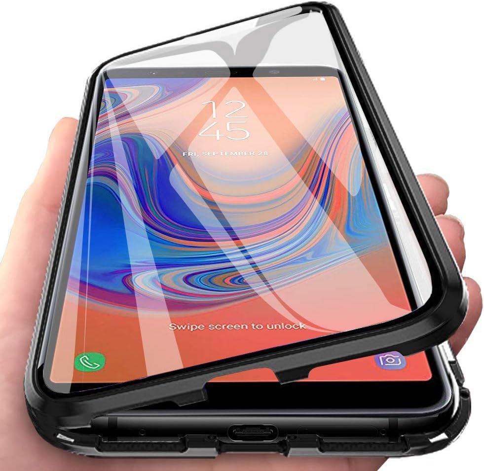 Oihxsetx Compatible for Galaxy A9 (2018) Magnetic Adsorption Double Side Tempered Glass Case,Ultra-Thin Magnetic Metal Frame Full Body Protection Cover Support Wireless Charging (Black)