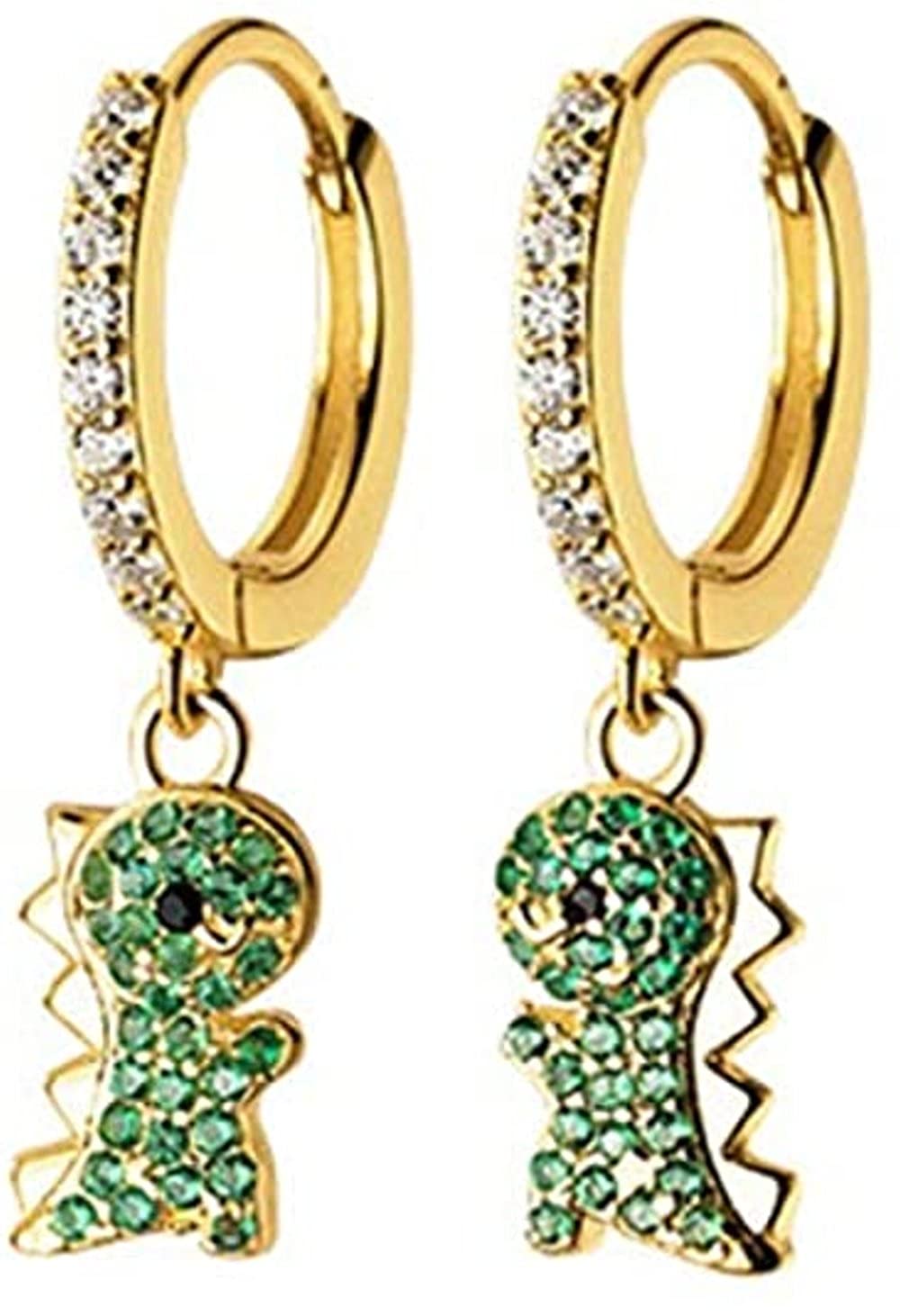 Cute Dinosaur Dangle Hoop Earrings S925 Sterling Silver Green Cubic Zirconia Crystal Lovely Animal Dangling Charm Drop Huggie Hoops Studs Earring Dainty Jewelry Gifts for Women Girls 18K Gold Plated