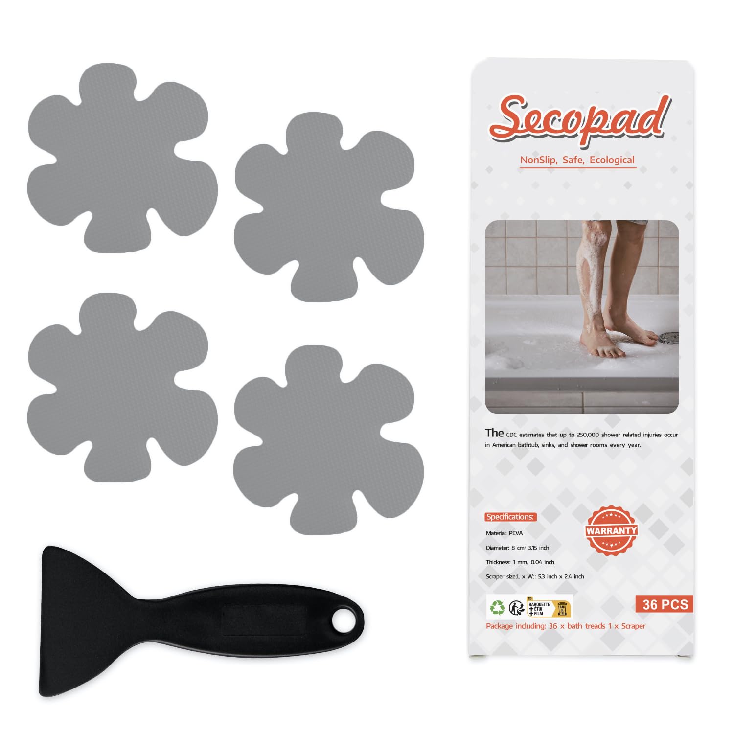 Secopad Bathtub Stickers Non-Slip, 36PCS Safety Shower Treads Adhesive Appliques with Premium Scraper Grey