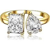 Yaresul Adjustable Toi Et Moi 14K Gold Plated Engagement Ring for Women Radiant-Cut & Pear-Shaped AAAAA Cubic Zirconia Fake Wedding Ring|Statement Promise Ring for her Choose Open Size 5-9