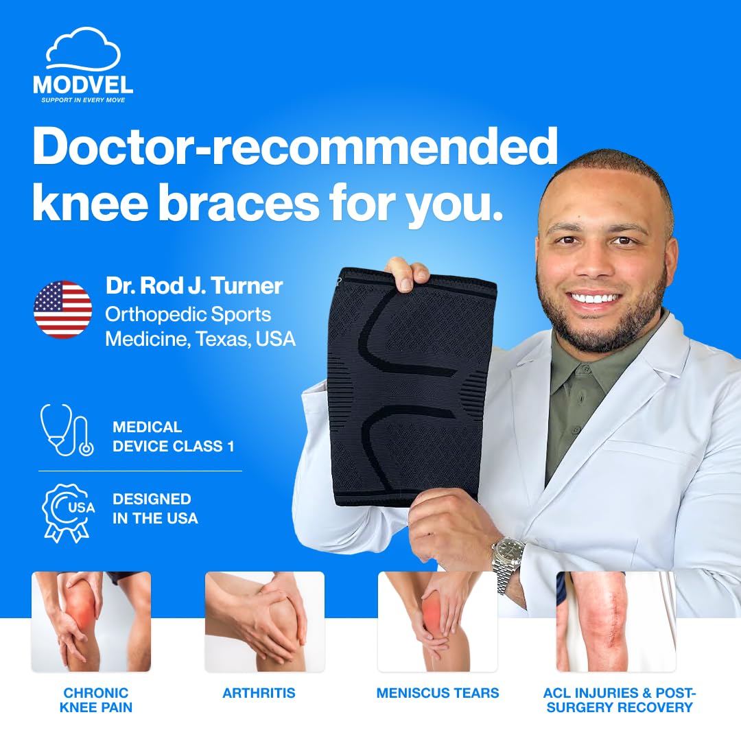 Modvel 2 Pack Knee Brace for Women & Men - Workout Knees Compression Sleeve for Knee Pain Relief Joint Support for ACL, Arthritis, Meniscus Tear Knees Brace for Sports, Rodilleras para Gym Fitness