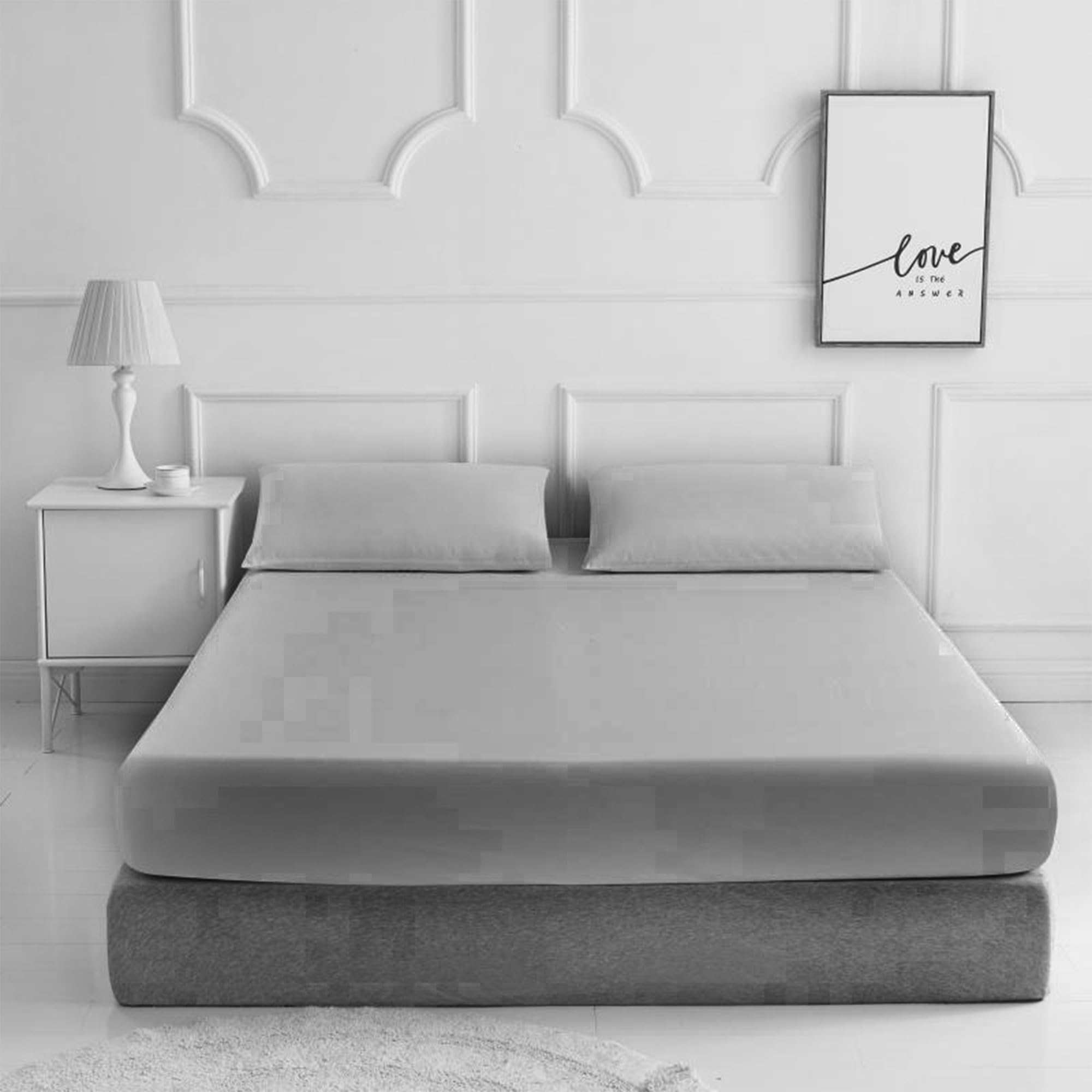 Plain Dyed Poly Cotton Fitted Sheet with Free Matching Pillowcase Easy Care Bedding Fitted Sheet (Double, Silver)