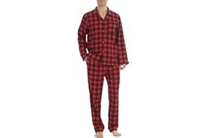 Asicimogy Mens Flannel Pajamas Set Cotton Plaid Loungewear Long Sleeve Button-Down Top & Pants with Pocket Casual Pjs