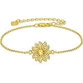 BETHZA Sunflower Bracelet 925 Sterling Silver 18K Gold Plated Birthstone Sunflower Adjustable Link Bracelets You Are My Sunshine Jewelry Gifts for Women