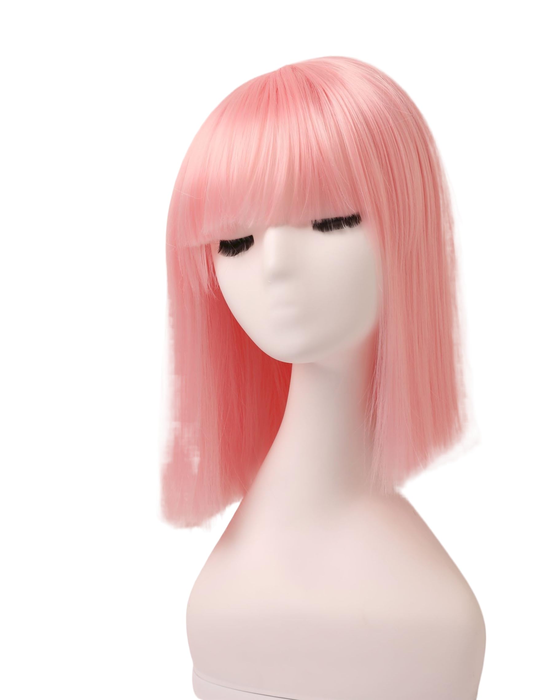 Prettyland Event Ladies Bob Straight Bangs Wig Medium Length Short Straight Heat Resistant Wig for Show Carnival Pink C689