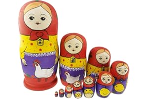 Winterworm Cute Farmer Girl and Chicken Pattern Wooden Handmade Russian Nesting Dolls Matryoshka Dolls Set 10 Pieces for Kids Toy Birthday Home Decoration