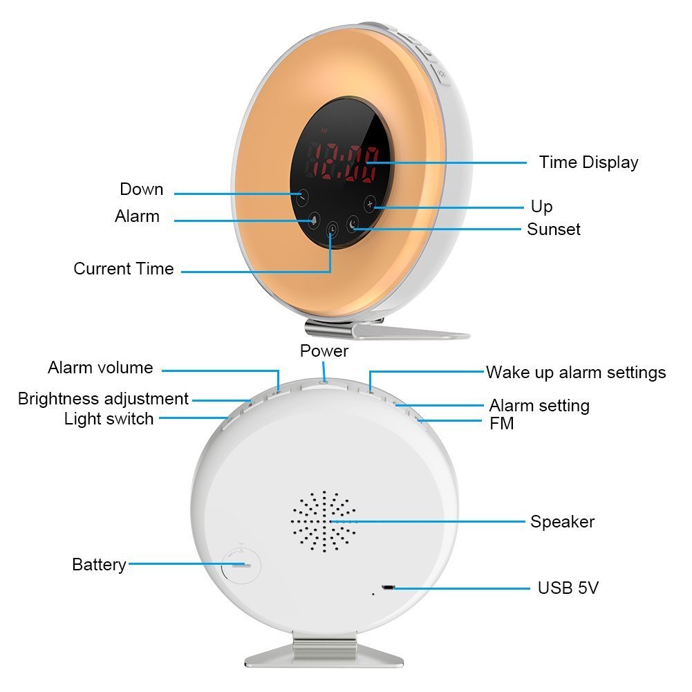 MARVUE Wake Up Light Sunrise Alarm Clock with 7 Colors Led Lights, 6 Alarm Sounds