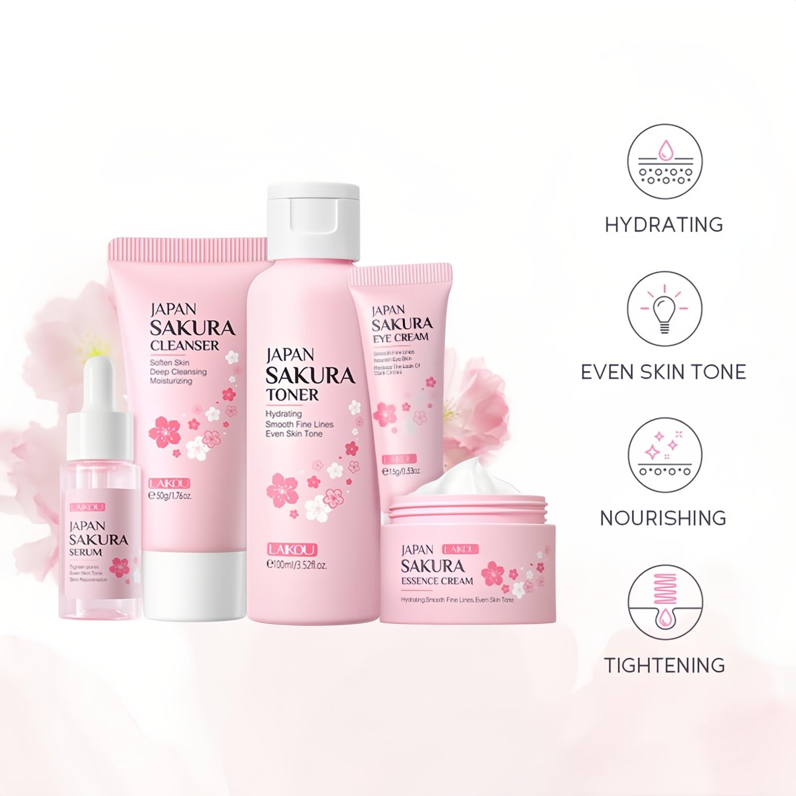 Skincare Set for Women, Skin Moisturizing Kit SAKURA Clean & Care for Teen Girls, Travel Daily Hydration Glowing Kit| Cleanser Toner Serum Eye Cream Face Cream (5PCS)