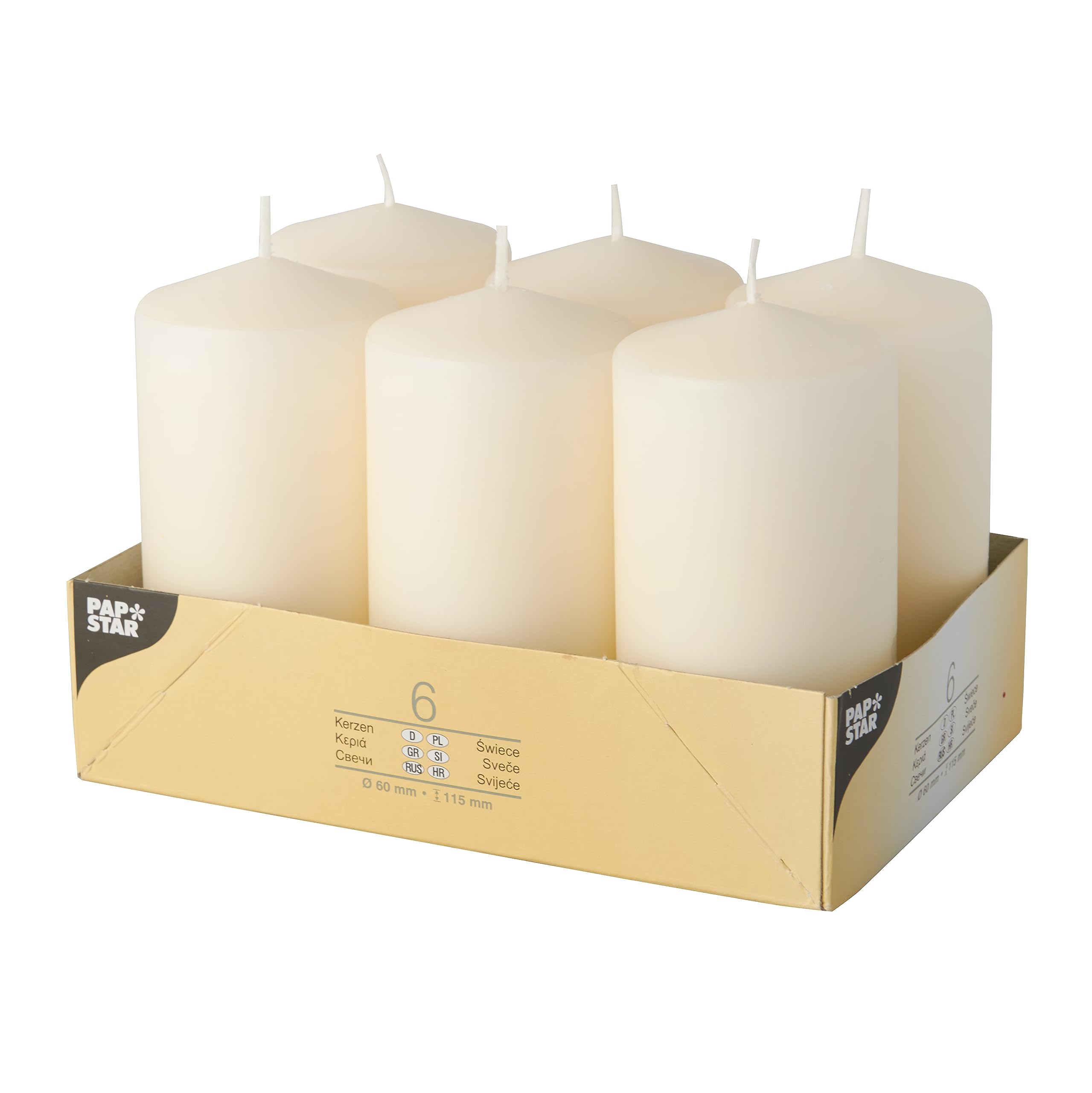 Papstar 17991 Pillar Candles Set of 6 (Diameter 60 x 115 mm) Cream