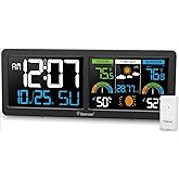 Geevon Weather Stations Wireless Indoor Outdoor Thermometer with Atomic Clock, HD Color Display Digital Temperature Humidity Gauge with Brometer, Comfort Indicator, and Adjustable Backlight (Black)