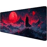Japanese Samurai Gaming Mouse Pad Desk Pad Red Blood Moon Anime Katana Extended Gaming Mouse Pad Mat with Stitched Edge Non-Slip Base Big Mouse Pad Office Computer Keyboard Laptop Home 31.5"x11.8"