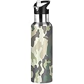 Camo Camouflage Forest Military Sport Water Bottle with Straw, Vacuum Insulated Stainless Steel Thermal Flask Leakproof BPA Free Drinking Bottle for Gym Fitness Camping-20oz/600ml