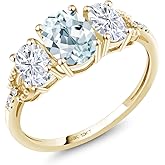 Gem Stone King 10K Yellow Gold Sky Blue Aquamarine White Moissanite and Diamond Accent 3-Stone Engagement Ring for Women | 1.77 Cttw | 3 Stone Wedding Anniversary Promise Ring