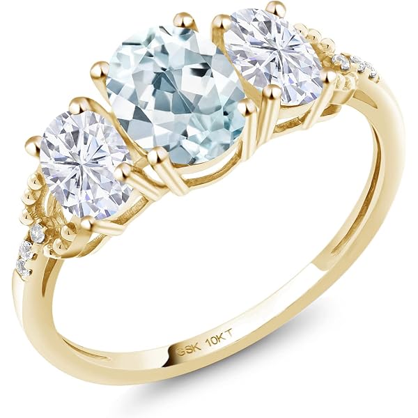 10k Yellow Gold September Birthstone Ring – Oval Blue CZ With White Topaz Side Stones, Handcrafted In USA
