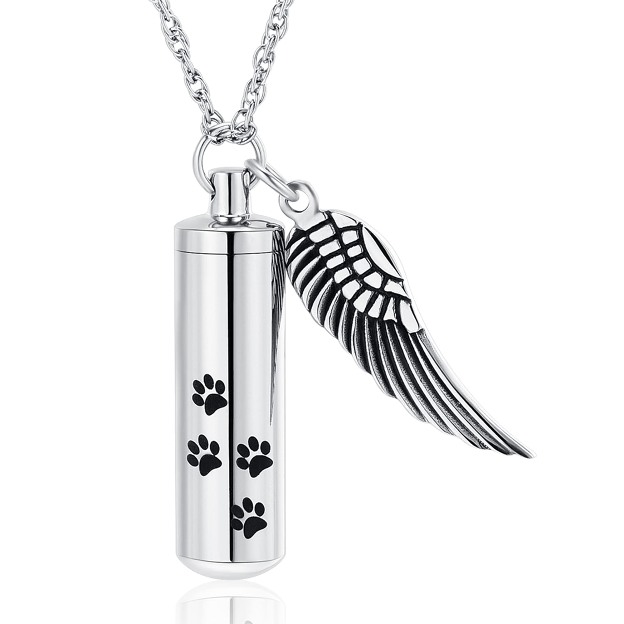 Minicremation Cremation Jewelry Paw Print Urn Necklaces for Human Pet Ashes Cylinder Urn Pendant Keepsake Memorial Ash Locket Holder Necklace for Men Women