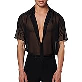 COOLOYA Men's Mesh Sheer Solid Short Sleeve Collar Button Front Party Shirt Tops