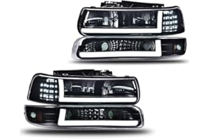 CNNELL LED Headlights Compatible with Chevy Silverado 1999-2002/ Suburban Tahoe 2000-2006, Smoky Lens Black Housing Amber Reflector Left+Right Side