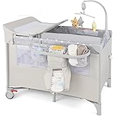 BABY JOY 5-in-1 Pack and Play, Portable Baby Bedside Sleeper with Bassinet, U-Shaped Diaper Changer, Safety Strap, Side Zipper Entrance, Hangings, Bedside Crib Playard from Newborn to Toddlers (Beige)