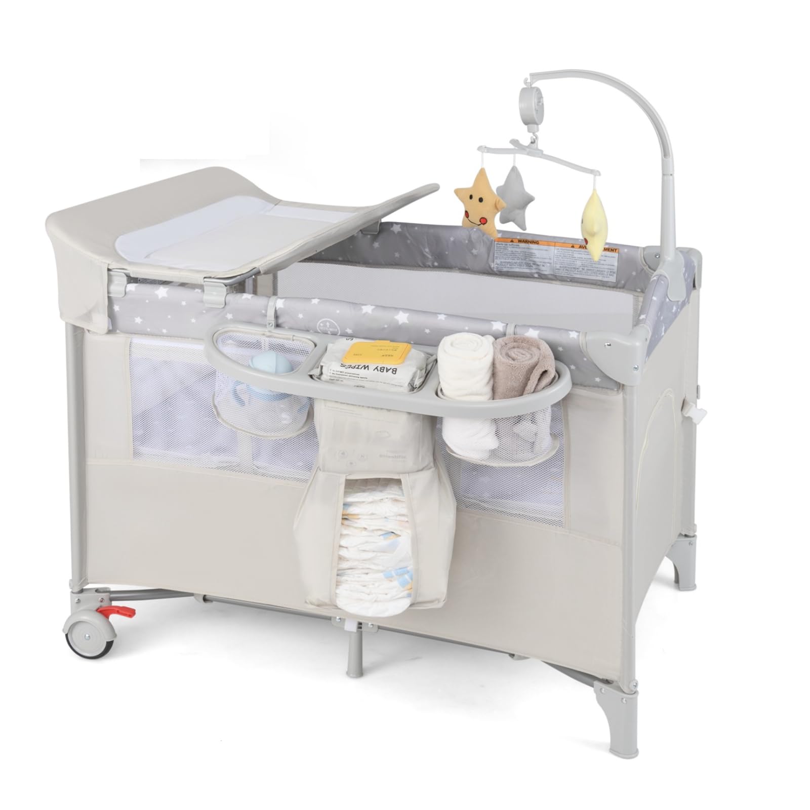 BABY JOY 5-in-1 Pack and Play, Portable Baby Bedside Sleeper with Bassinet, U-Shaped Diaper Changer, Safety Strap, Side Zipper Entrance, Hangings, Bedside Crib Playard from Newborn to Toddlers (Beige) Image