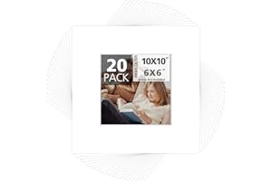 Mat Board Center, Pack of 20, 10x10 for 6x6 White Photo Picture Mats - Acid Free, 4-ply Thickness, White Core - for Pictures,