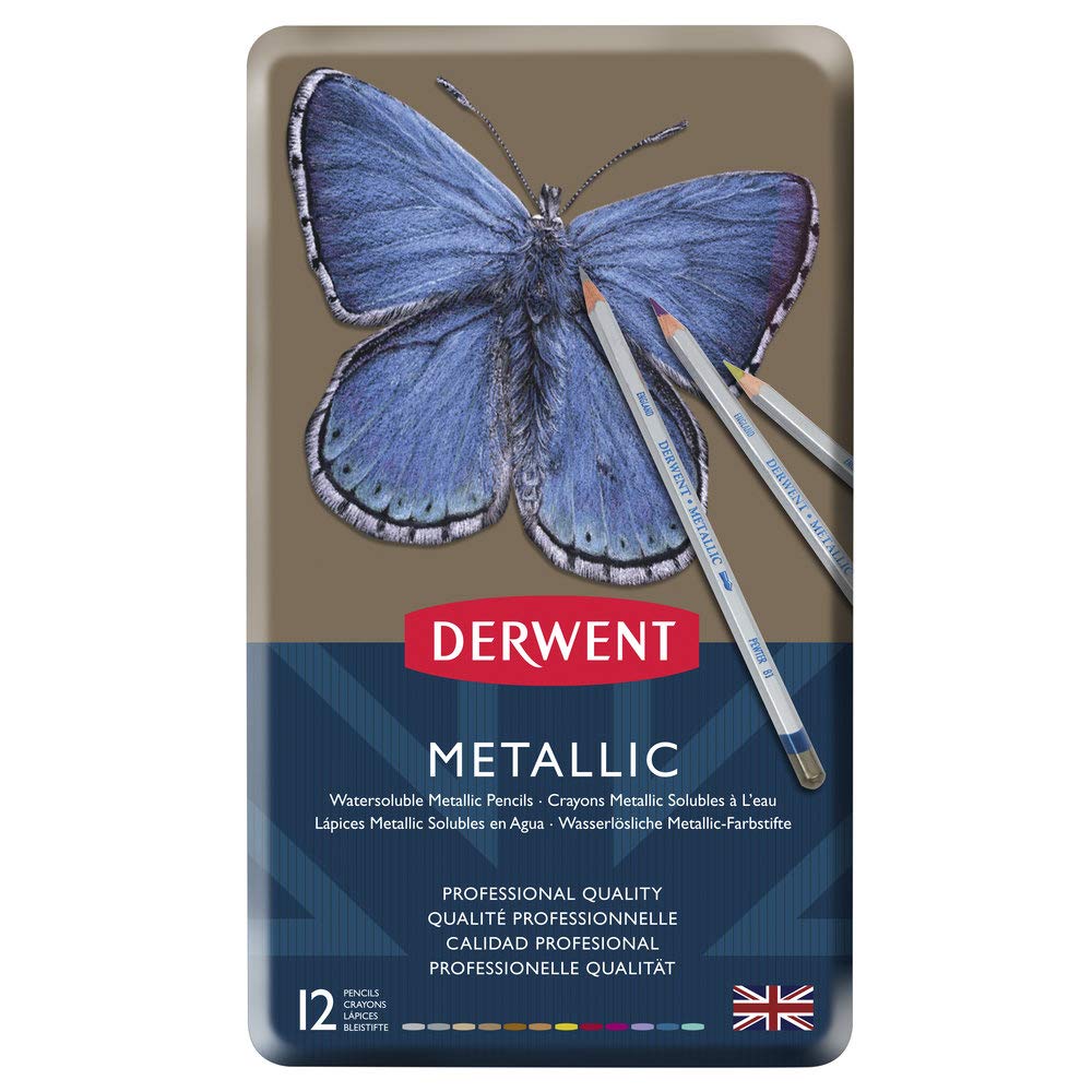Derwent 700456 Metallic Watercolour Pencils, Traditional and Multicolour, Set of 12, Professional Quality, 0700456