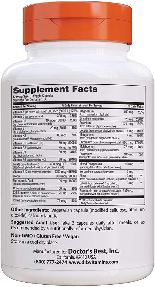 Doctor's Best Multi-Vitamin, Formulation Fully Optimized for Absorption, Vitamins, Minerals, Antioxidants & Nutrients, Vegan, Gluten Free, 90 Veggie Caps: Health & Personal Care