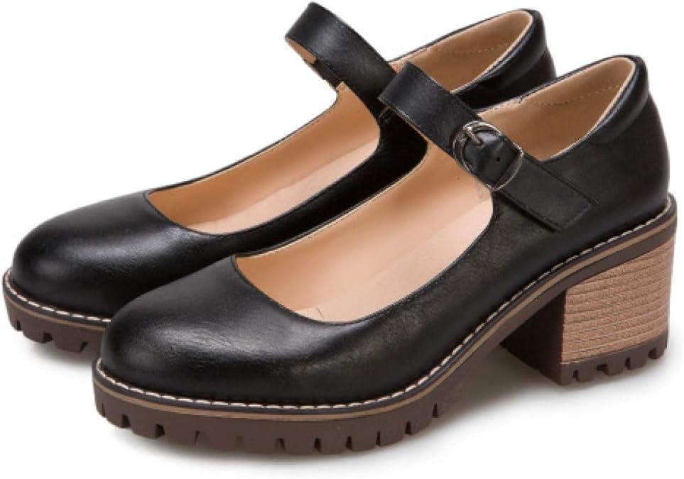 Amazon.com | QSCQ Women Round Toe Mary Jane Shoes Chunky Heels Platform High Heel Ladies PU 