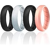 ROQ Silicone Rubber Wedding Ring for Women, Rubber Silicone Wedding Band, Bridal Jewelry Set, Anniversary Rings, Promise Ring, 5.5mm Wide 2mm Thick, 4 Pack, Black, Rose Gold, Metal Silver, Size 10