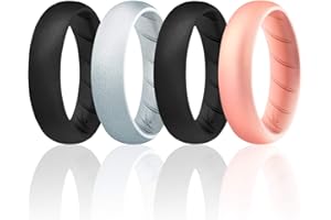 ROQ Silicone Rubber Wedding Ring for Women, Rubber Silicone Wedding Band, Bridal Jewelry Set, Anniversary Rings, Promise Ring, 5.5mm Wide 2mm Thick, 4 Pack, Black, Rose Gold, Metal Silver, Size 7