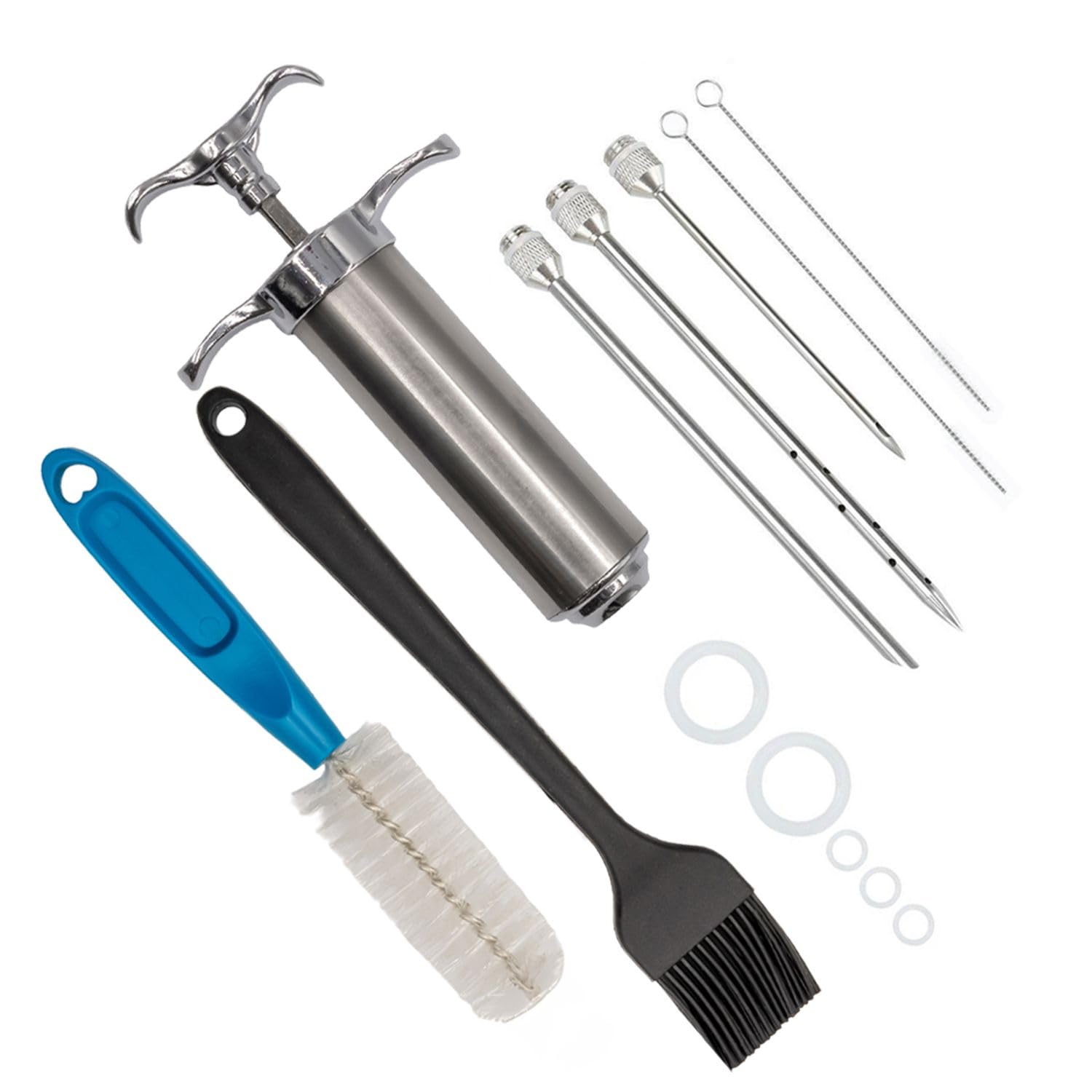 INTIRILIFE marinade syringe made of stainless steel SILVER - 30 ml filling capacity - BBQ roast syringe with 3 needles - 3 syringe brush, brush for barbecue spices marinades roast - meat syringe