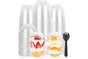 EATHEATY 100 Pack 360ml/12oz Clear Plastic Dessert Cups with No Hole Lids, U-shaped Fruit Yogurt Parfait Cups with Dome Lids,