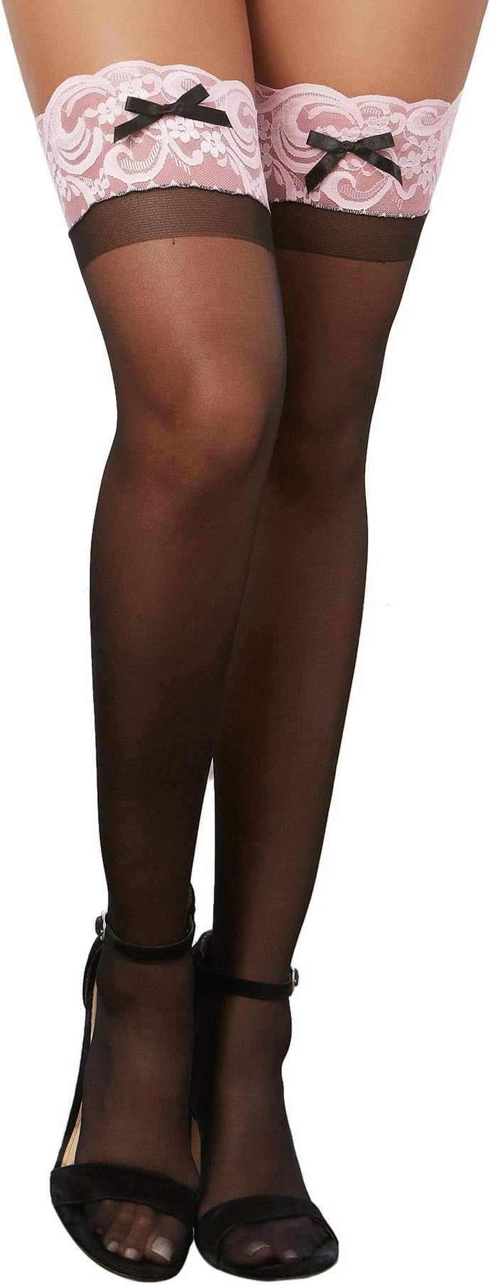 Dreamgirl Women's Sheer Thigh-High Stockings with Contrast Lace and Bow