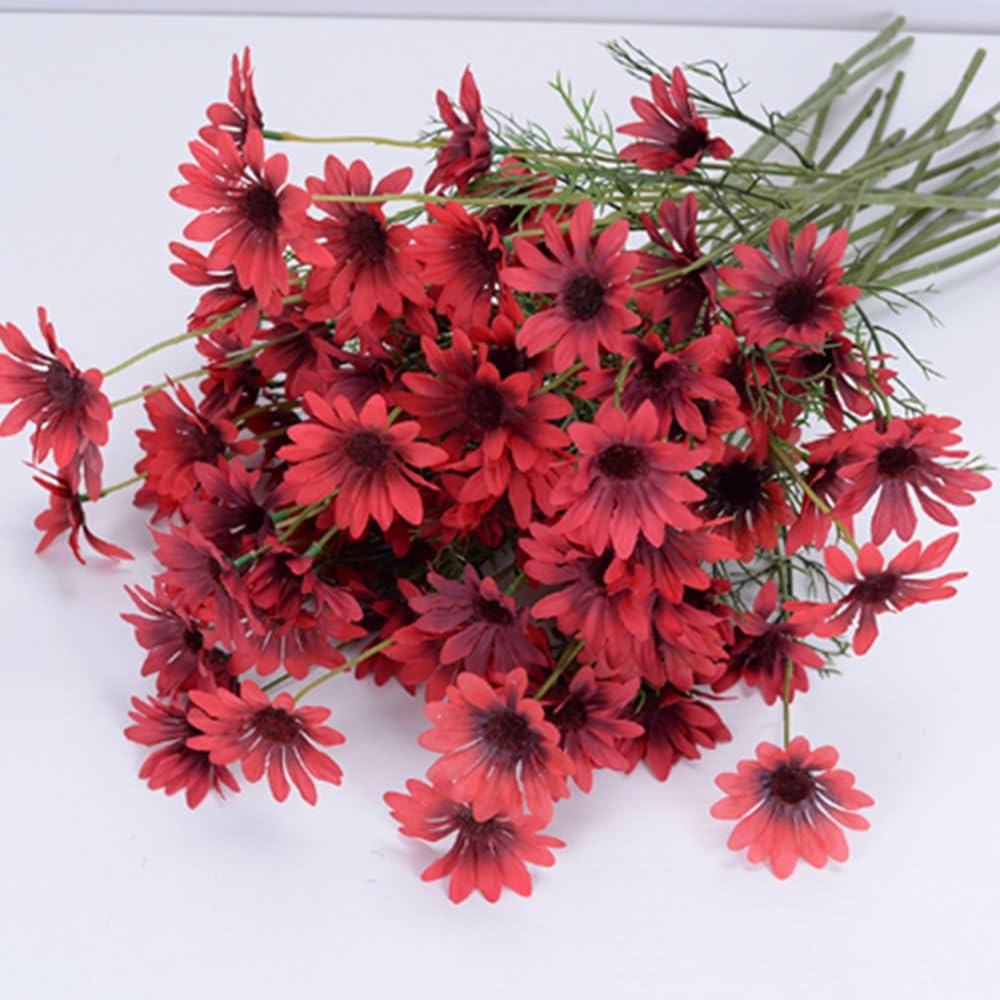 OUKEYI Artificial Flowers 12 Bundles Artificial Silk Daisy Fake Flowers UV Resistant Outdoor Fake Wildflowers with Stems Greenery Shrubs Plants Arrangements for Home Garden for Decoration (red)