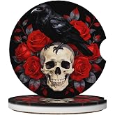 ZUSIIA Gothic Crow Skull Car Cup Holder Coasters Absorbent Ceramic Coaster | 2 Pack Roses Floral Anti Slip Cup Mat with Cork Base and Finger Notch Car Interior Accessories for Women Men 2.56 Inch