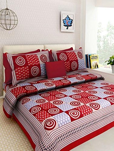 Monik Handicrafts Cotton Jaipuri King Size Double Bedsheet with 2 Pillow Cover (Red)