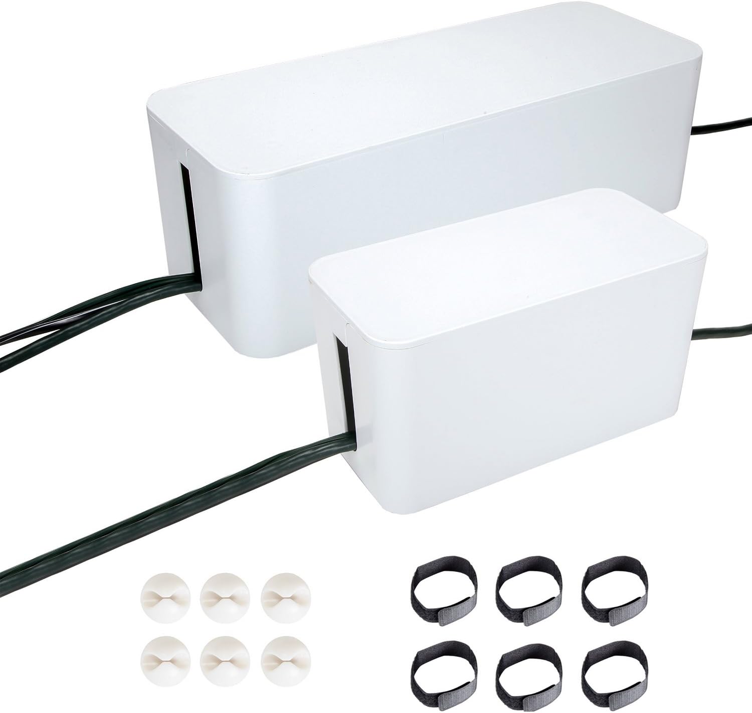 Cable Management Systems, Two Boxes : 16 and 9 Inches. Including Cord Organizer Clips and Wire Arranging Ties. (White - 6 Clips & 6 Ties)