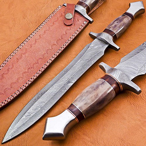 DK-4006 Handmade Damascus Steel 15.00 Inches Dagger Knife - Exotic Cammel Bone & Rose Wood Handle Damascus Steel Gurd & SteenLess Steel Pommel