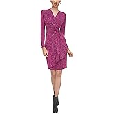 Calvin Klein Print Matte Jersey V-Neck Dress with Gold V-Bar and Side Ruching