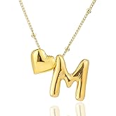 CCINPPY Heart Letter Necklace, 14k Gold Plated Initial Dainty Necklace for Women, Chunky Bubble Balloon Charm Pendant Name Personalized Jewelry Gift
