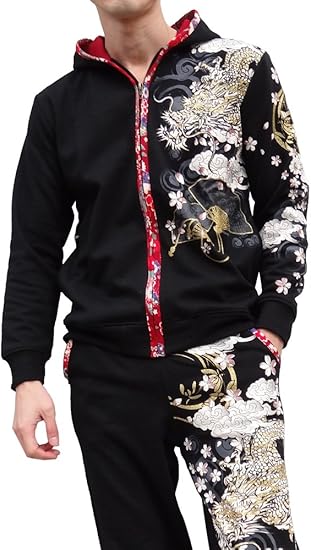 Amazon バレットノイズ Bullet Noise 和柄 セットアップ 上下セット ジャージ フード 龍 メンズ M Black ジャージ上下セット 通販