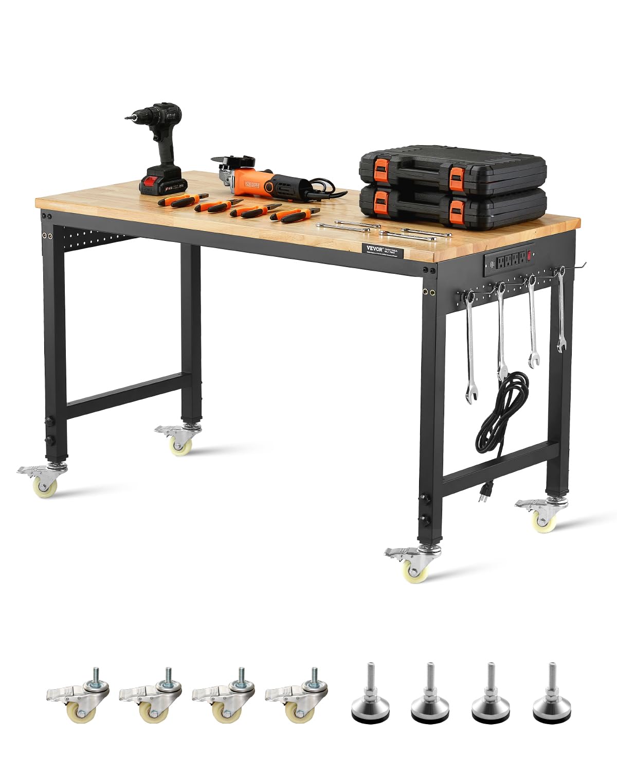 Photo 1 of ** NEW / MANUAL AND HARDWARE INCLUDED** VEVOR Adjustable Workbench, 48-Inch Work Bench with Power Outlet, Wheels, and Pegboard, 2000 lbs Load Heavy Duty Oak Wood Top Work Table for Garage, Workshop, Office, and Home