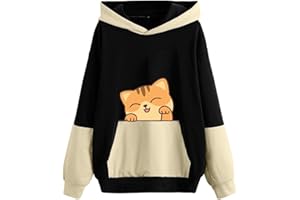 GOFLIC Sweatshirts for Women Trendy,Teen Girl Cute Cat Print Sweatshirt Long Sleeve Hoodies Color Block Hooded Fall Clothes
