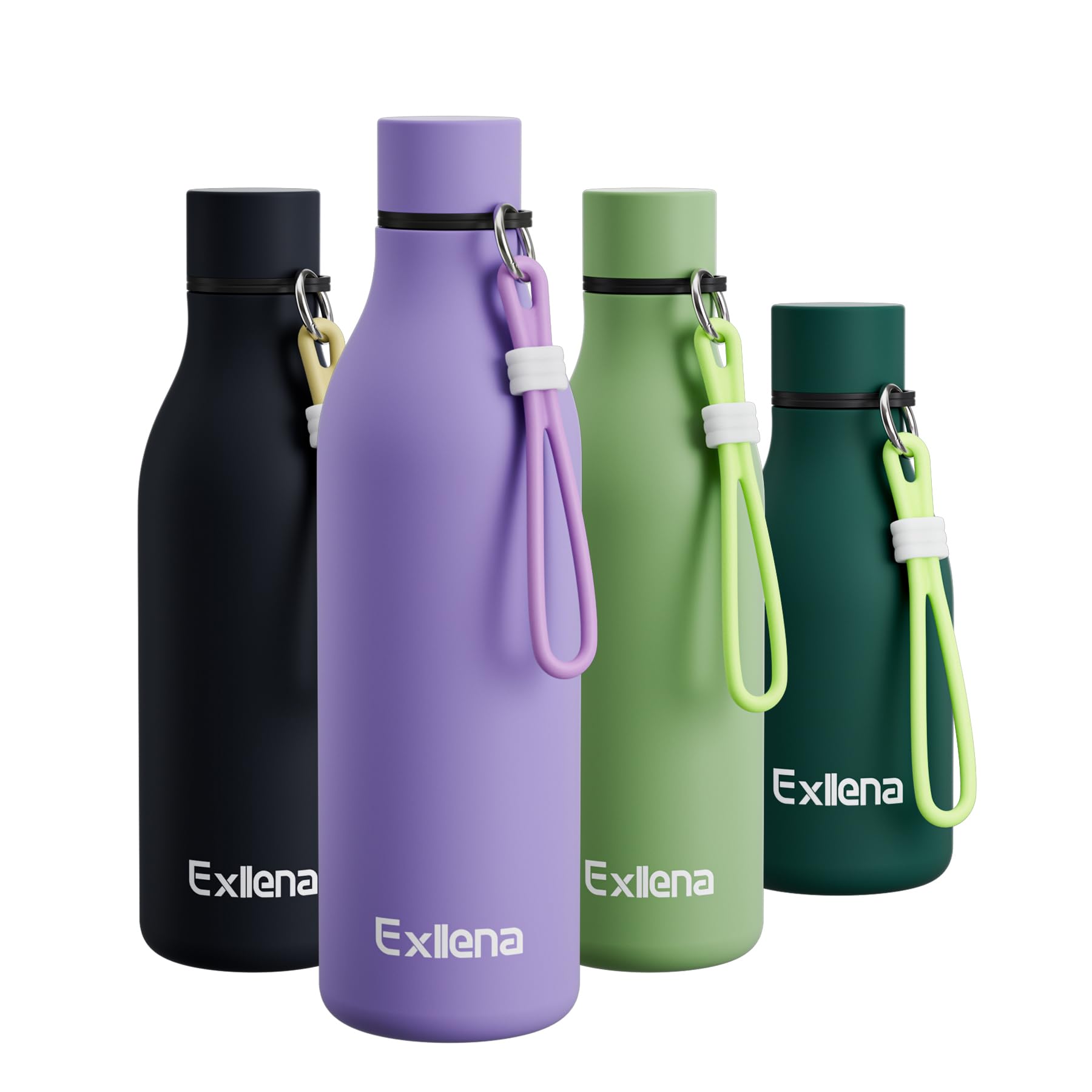 Exllena Metal Water Bottle 750ml with Clip and Silicone Strap, Double Wall Vacuum Insulated Water Bottles Keeps Drinks Cold 24 Hrs/Hot 12 Hrs, Stainless Steel Water Bottle BPA Free(Purple)