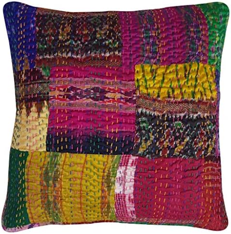 Rajcrafts Rajasthani Handmade Silk Patola Prnit Kantha Work Cushion Cover 16X16 Multicolor